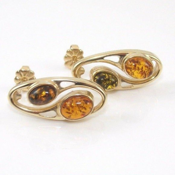 14K Gold Orange Amber Earrings